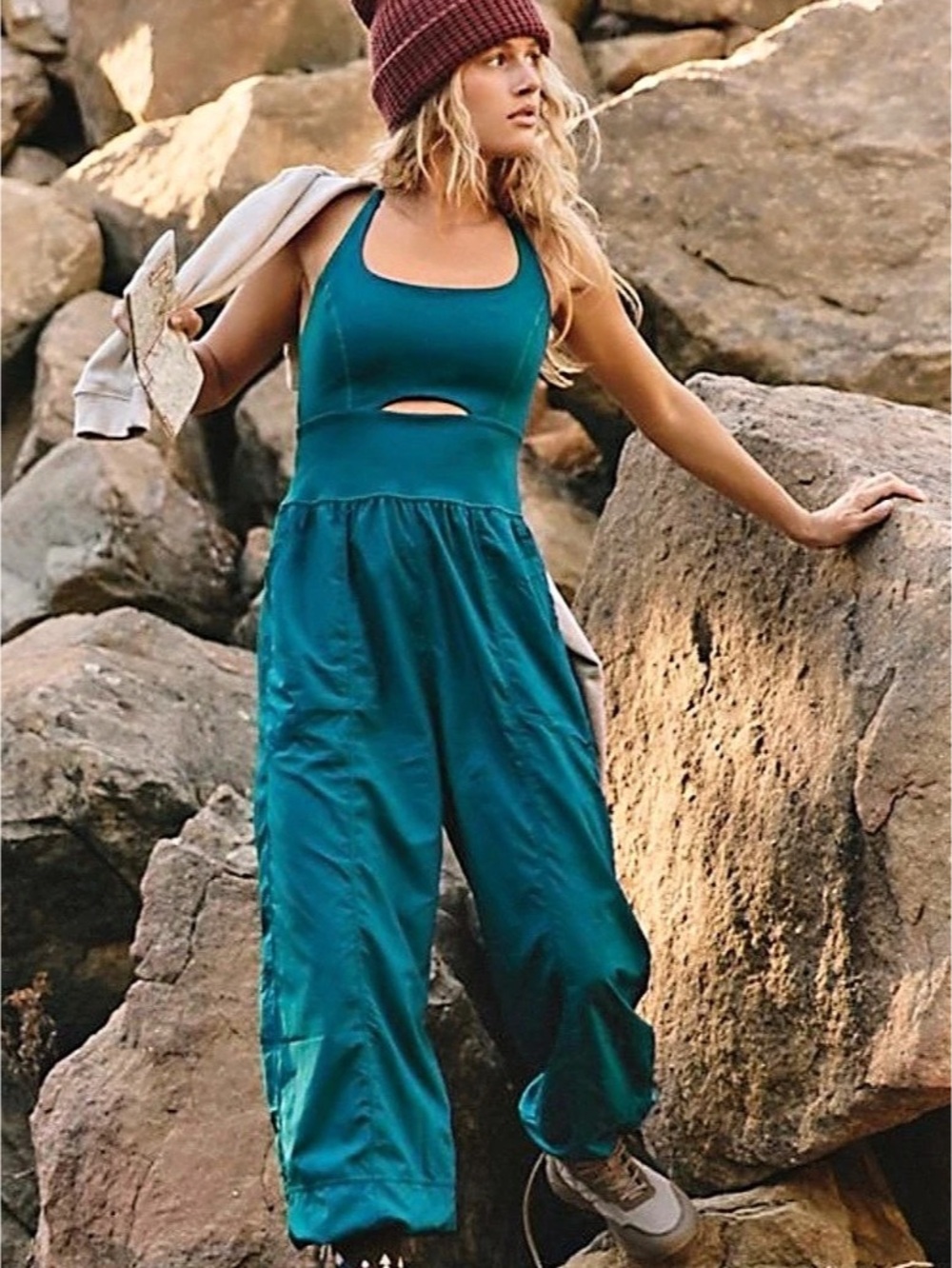 Free People Movement Righteous Onesie XL Teal Cutout Jumpsuit Activewear Pockets